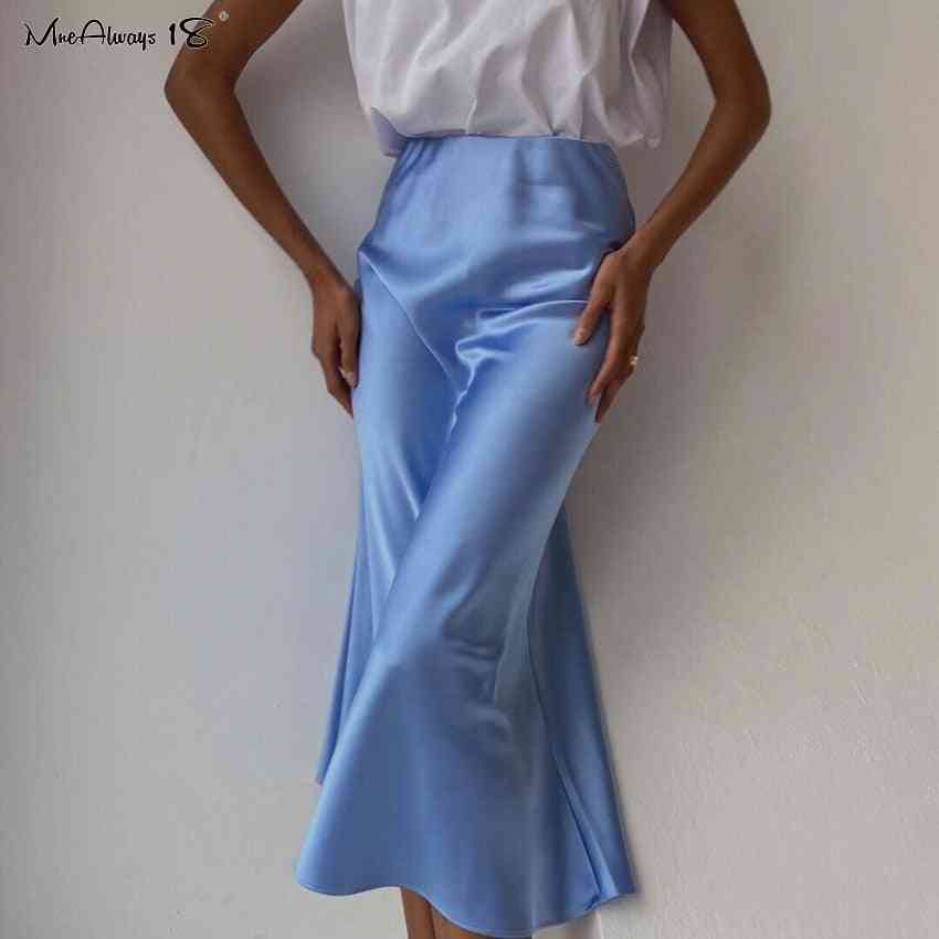 Solid Satin Silk Skirt, High Waisted Summer Long Office Skirts