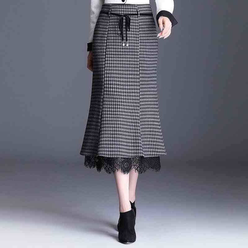 Vintage kárované sukne, dámska čipkovaná patchworková sukňa s morskou pannou s vysokým pásom