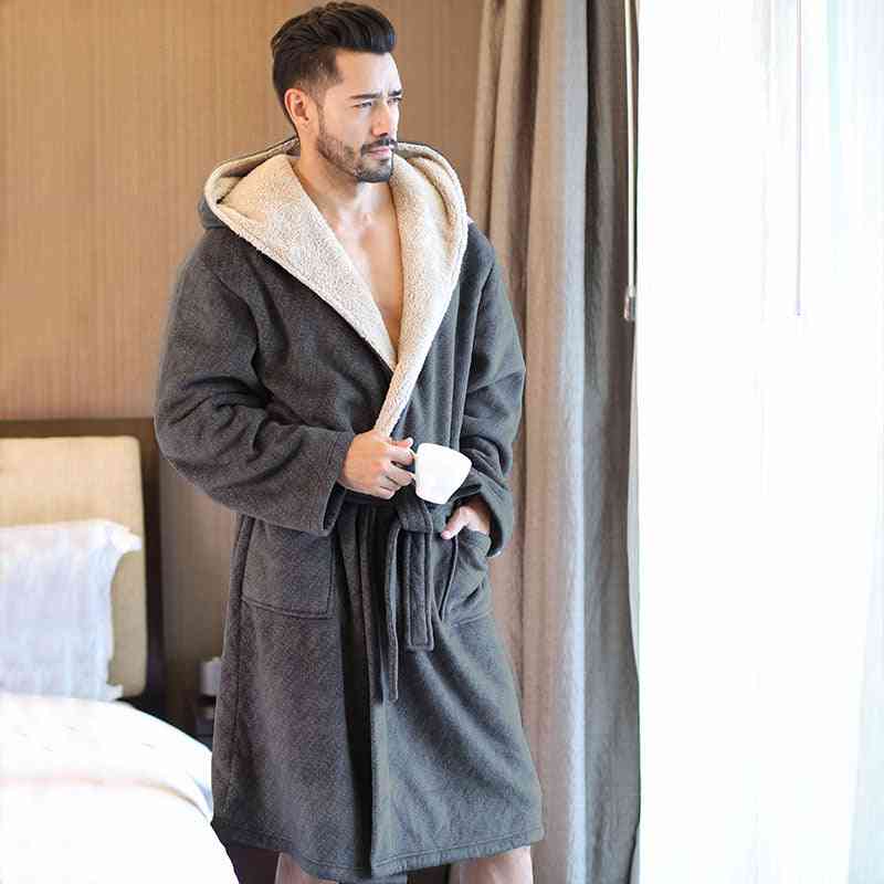 Men's Soft Flannel Hooded Bathrobes, Knee Length Gown