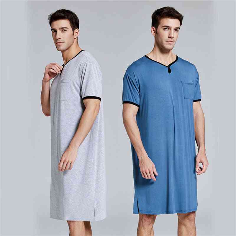 Men Sleep Robes Short Sleeve Solid Pajamas Pockets Cozy Cotton Vintage Nightgown