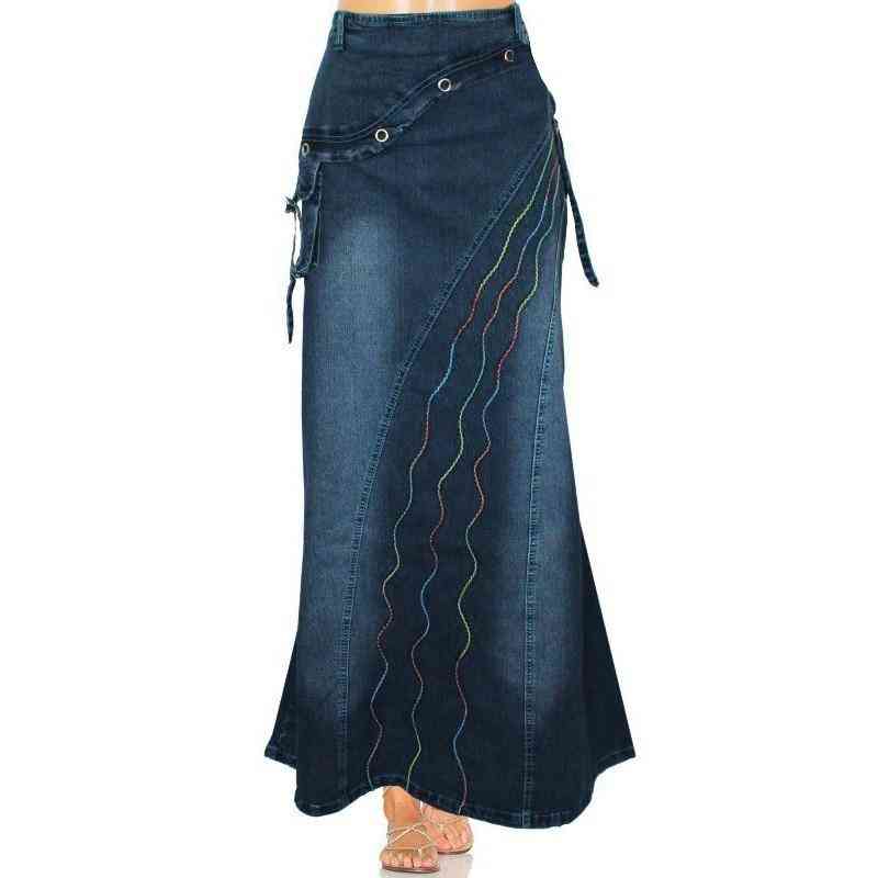 Women's Fashion Vintage Long Denim Skirt, Plus Size Jean Skirts