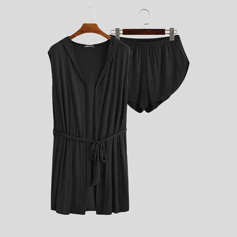 Summer Men's Robe Sets Loungewear, Hooded Sleeveless Bathrobe