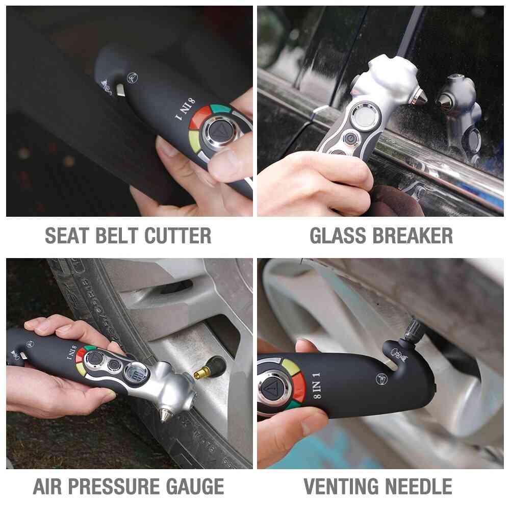 8 In 1 Digital Tire Pressure Gauge Glass Breaker Rescue Safety Hammer