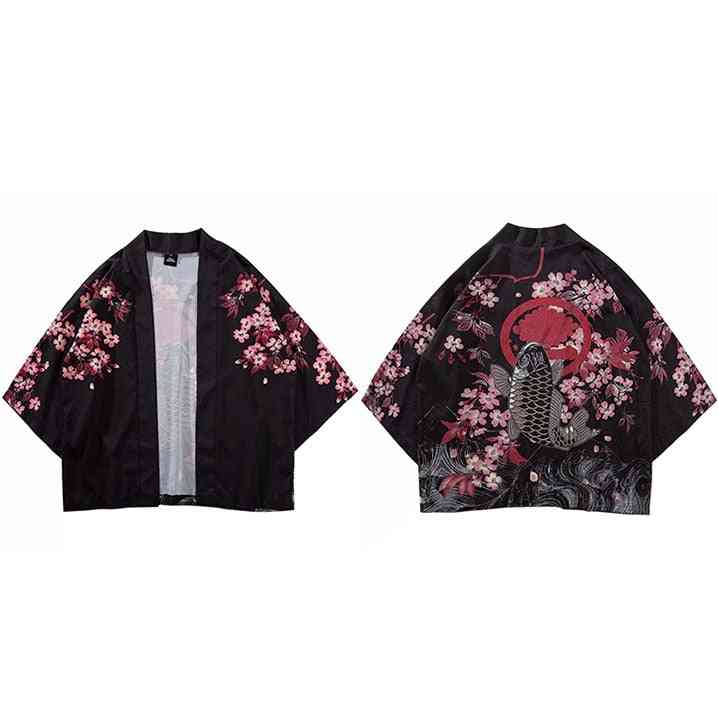 Sommer tyndt tøj fisk trykt, japansk kimono jakke