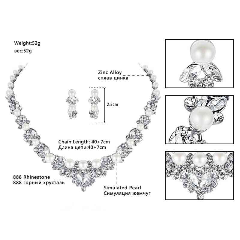 Elegante hoja de perlas simuladas, collar de cristal + juego de pendientes
