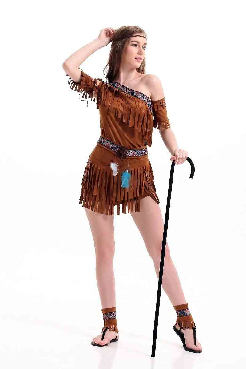 Women Halloween Indian Tribal Dance Dress, Tassel Costume