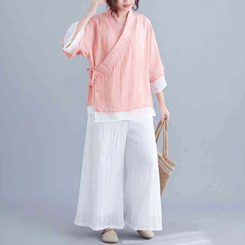 Traditional Retro, Casual Costume, Cotton Linen, Tops & Trousers