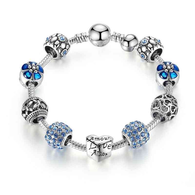 Silver Plated Charm Bracelet & Bangle With Love And Flower Beads's