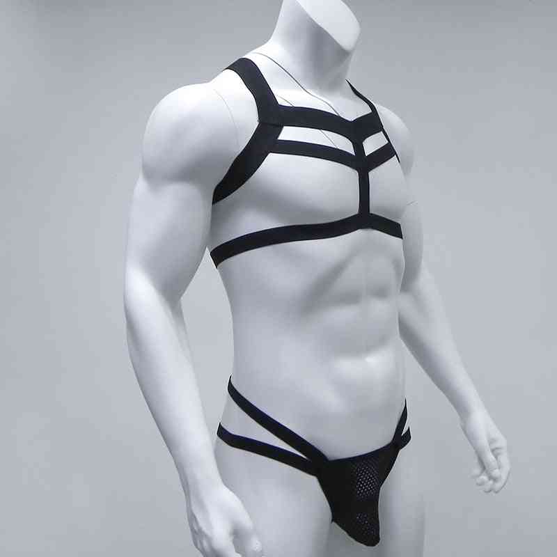 Bondage Mens Harness Thongs Set, Body Chest, G-string Jockstrap / Halter Neck Hollow Out Nightclub Costume