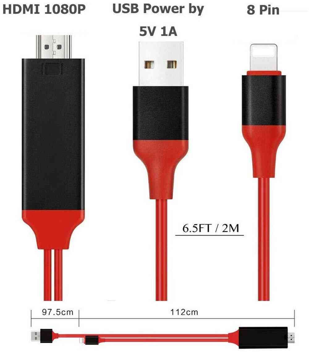 1080p, 8-pin Usb To Hdmi Av Adapter Cable For Iphone, Ipad Mini
