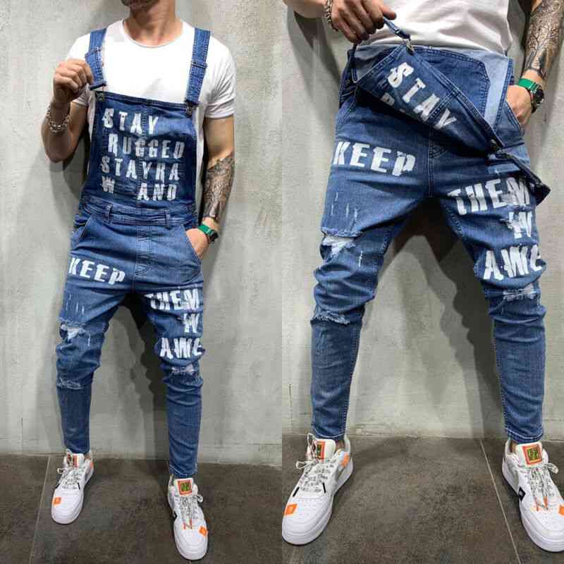 Jeans moda masculina jeans jeans, babador rasgado, macacão com suspensório