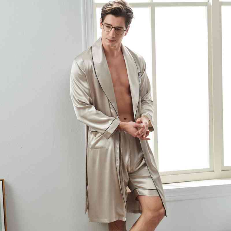 Silk Man Sleeping Robe Shorts Sets, Sleepwear Male Long-sleeve Bathrobes