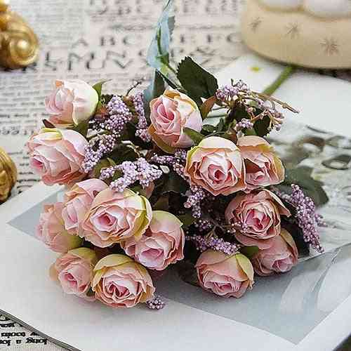 15 hoofden-kunstbloemen, klein flanel, stof rozenzijde, bruidsboeket