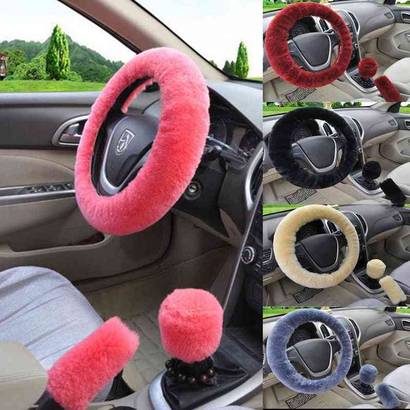 Winter Faux Fur- Car Steering Wheel, Hand Brake & Gear Cover Set