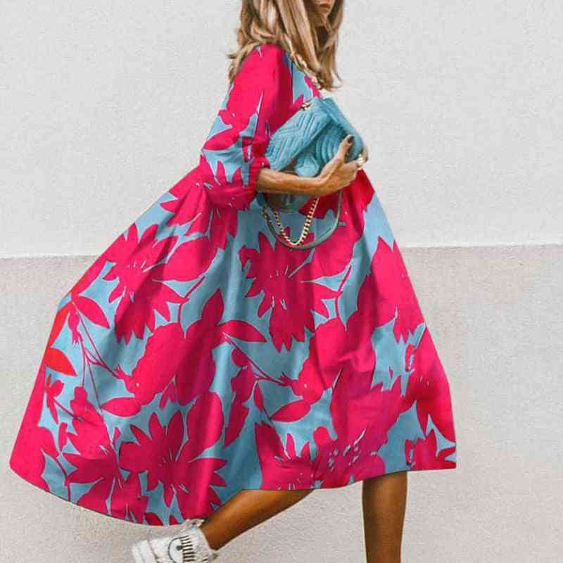 Dames, vintage bloemenprint losse a-lijn jurk met halve mouwen