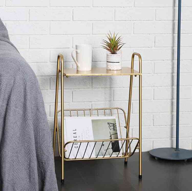 Creative Golden Iron, Coffee Side, Movable Table With Book Magazine Rack