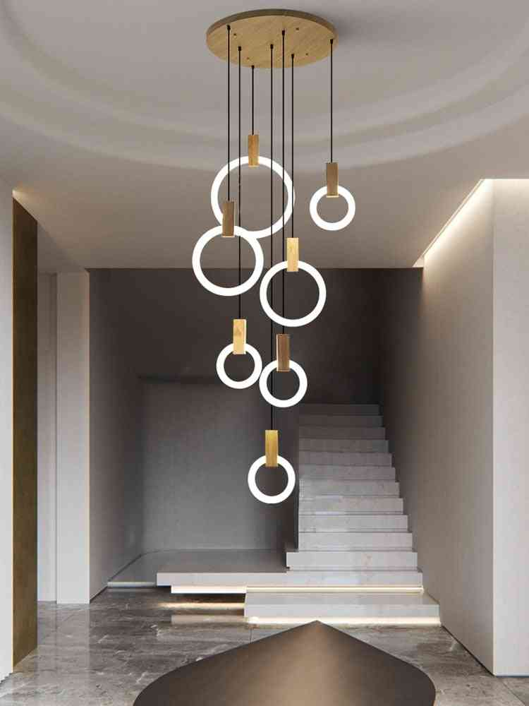 Led moderno, soffitto in legno, anello e infissi in acrilico scale, lampade a sospensione a sospensione