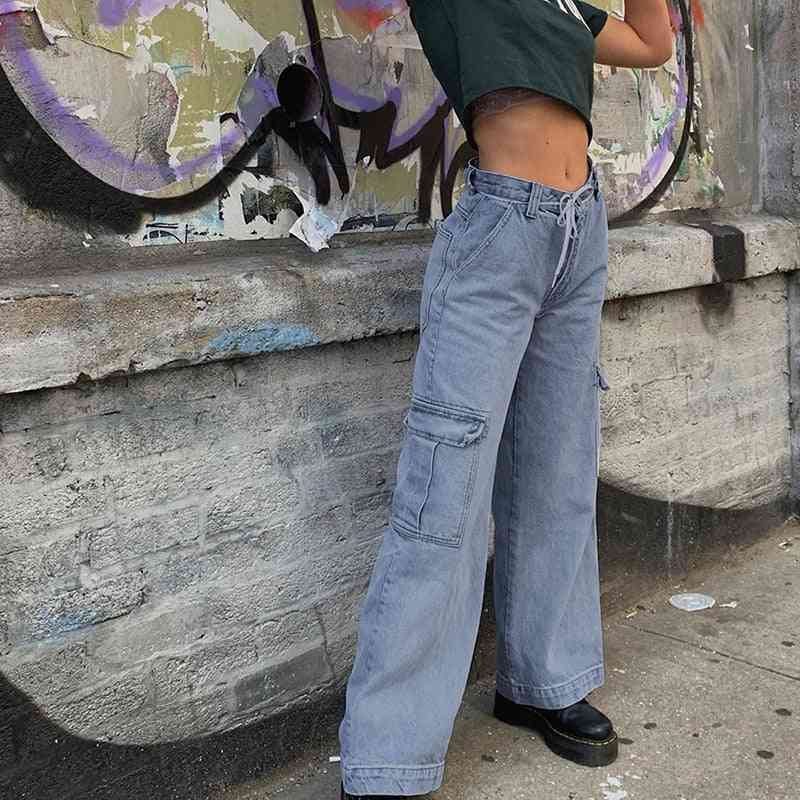 Høj talje, lommer patchwork, streetwear jeans