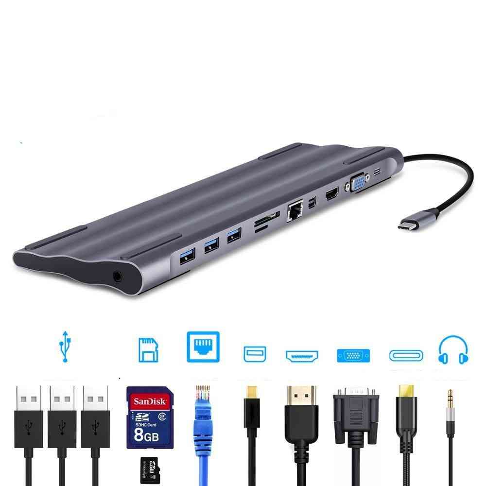 11-in-1, Type-c Docking Station, Aluminum To Hdmi Card Reader, Charger Audio Hub
