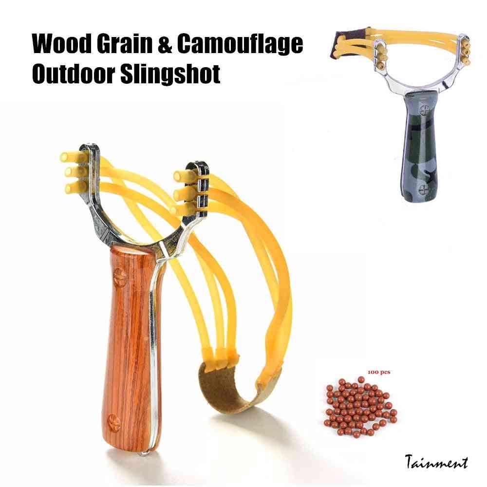 Outdoor Slingshot With Three Card, Latex Tube, Rubber Band & Marbles Hunting Bow, Wood Grain Shooting