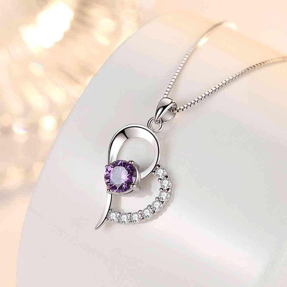 Sterling Silver Woman Fashion Jewelry Purple Crystal Zircon Heart Pendant