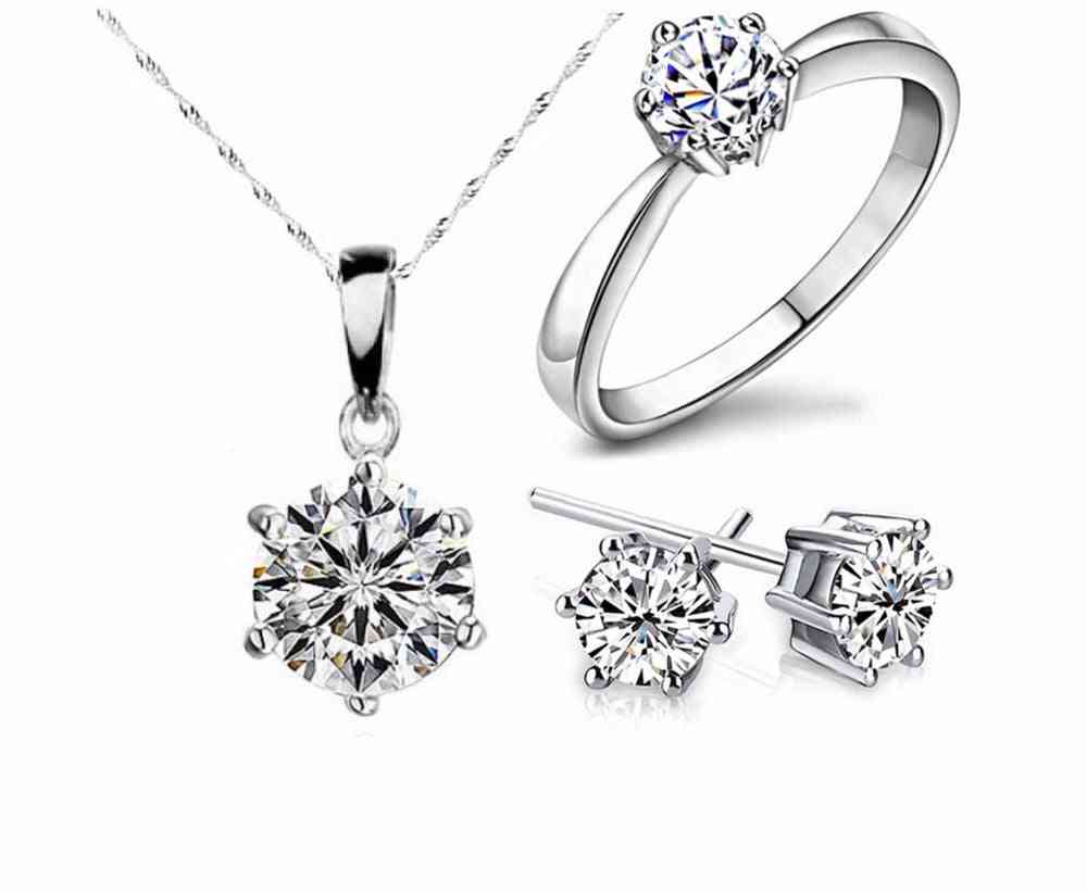 Kvinders sølvfarvede smykkesæt, cubic zircon, halskæde & øreringe, ringe
