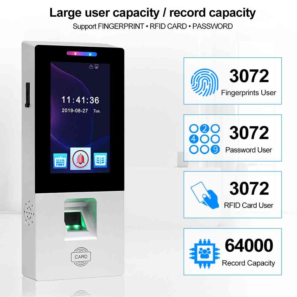 Touch rfid toegangscontrole toetsenbord, vingerafdruk biometrisch, wachtwoord tijdregistratie machine;
