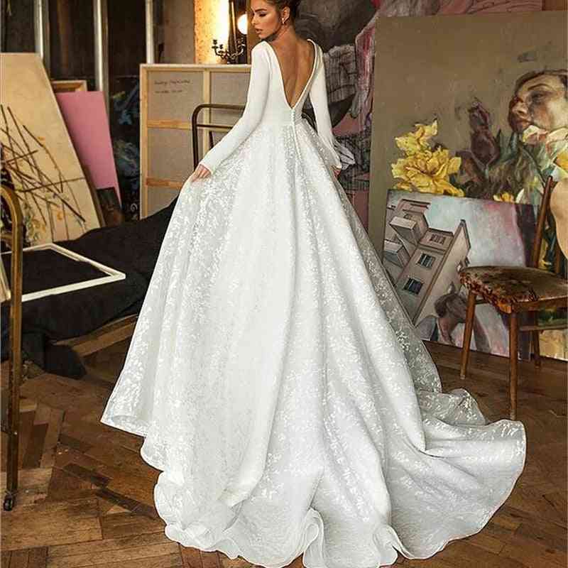 Booma Lace Satin Backless, Long Sleeve, V-neck, Bridal Gowns Dress
