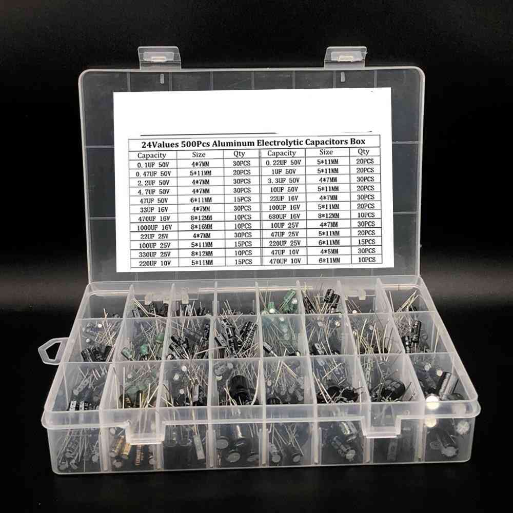 24-values Aluminum Electrolytic Capacitors, Mix Assorted Kit And Storage Box