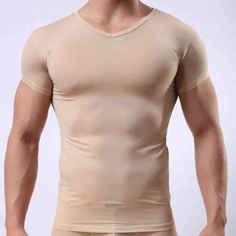 Men's Skinny Undershirt, Ice Silk Sheer Short Sleeves Basic Shirts