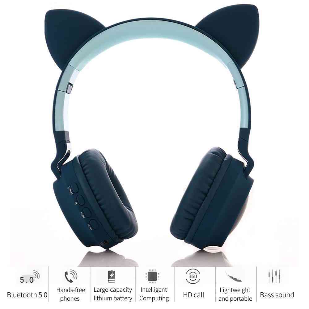 Led Cat Ear Headphones, Bluetooth, Noise Cancelling, Adults, Kids Girl Headset, Support, Tf Card, Fm Radio With Mic