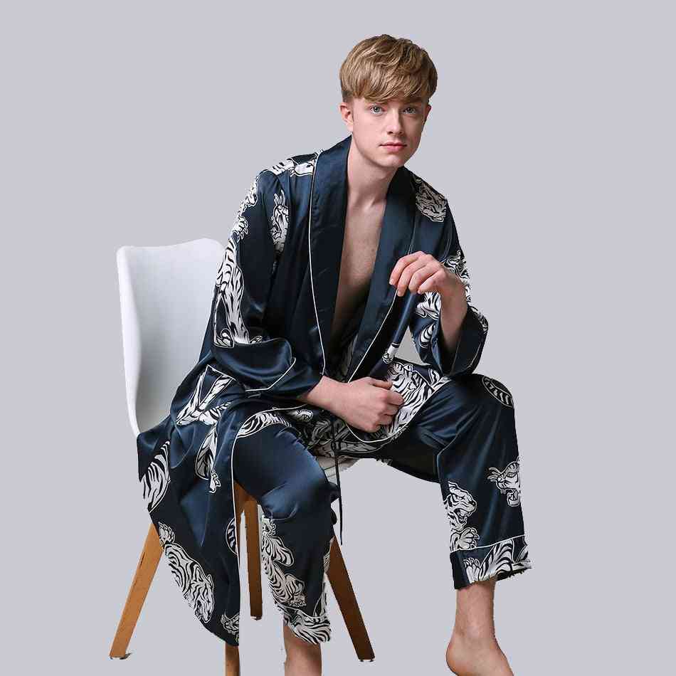 Two-pieces Silk Satin, Long-sleeve Robe & Long Pants, Bathrobe Set Set-1