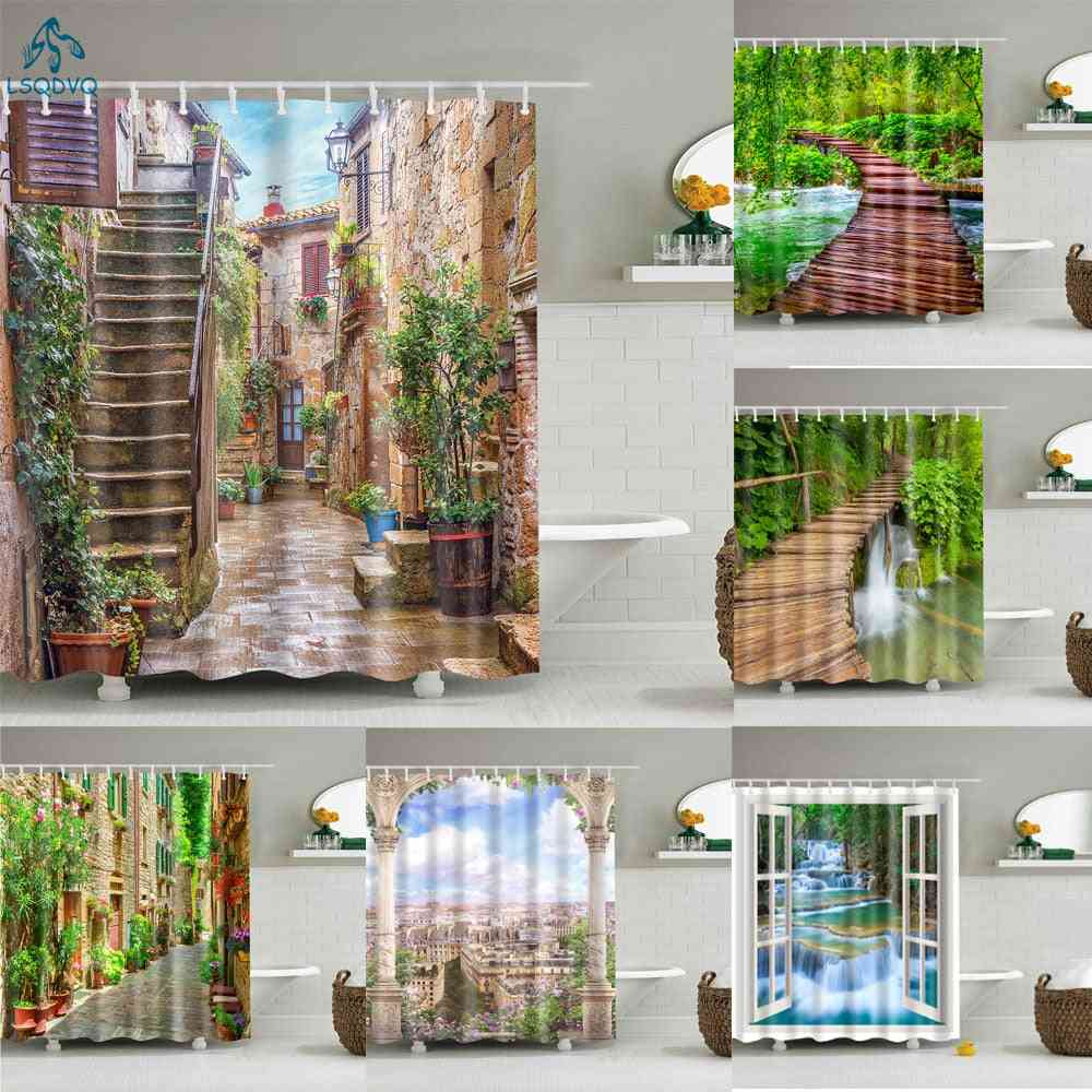 Garden Flower Plant, Creek Shower, Curtains With Hooks Set-1