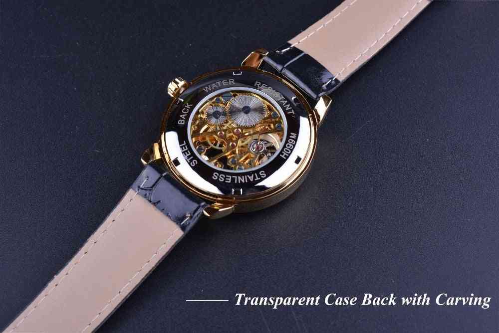 3d design hollow, grawerowane skórzane etui, mechaniczne zegarki szkieletowe