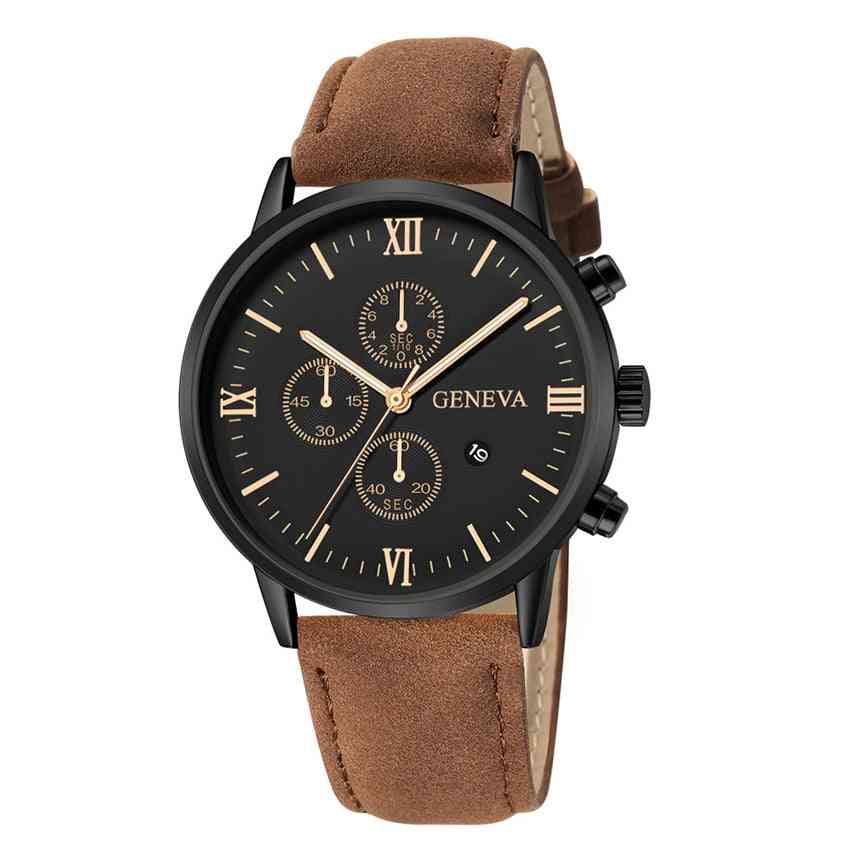 Men Fashion Sport Stainless Steel Case, Leather Strap Quartz Watch
