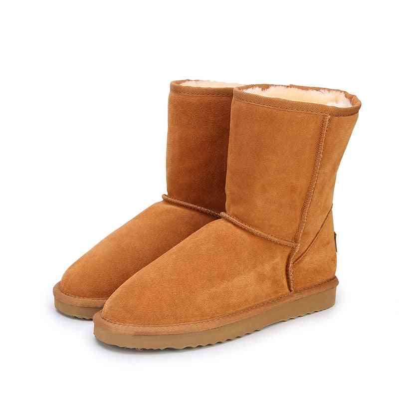 Genuine Cowhide Leather Snow Boots, Wool Winter Shoes
