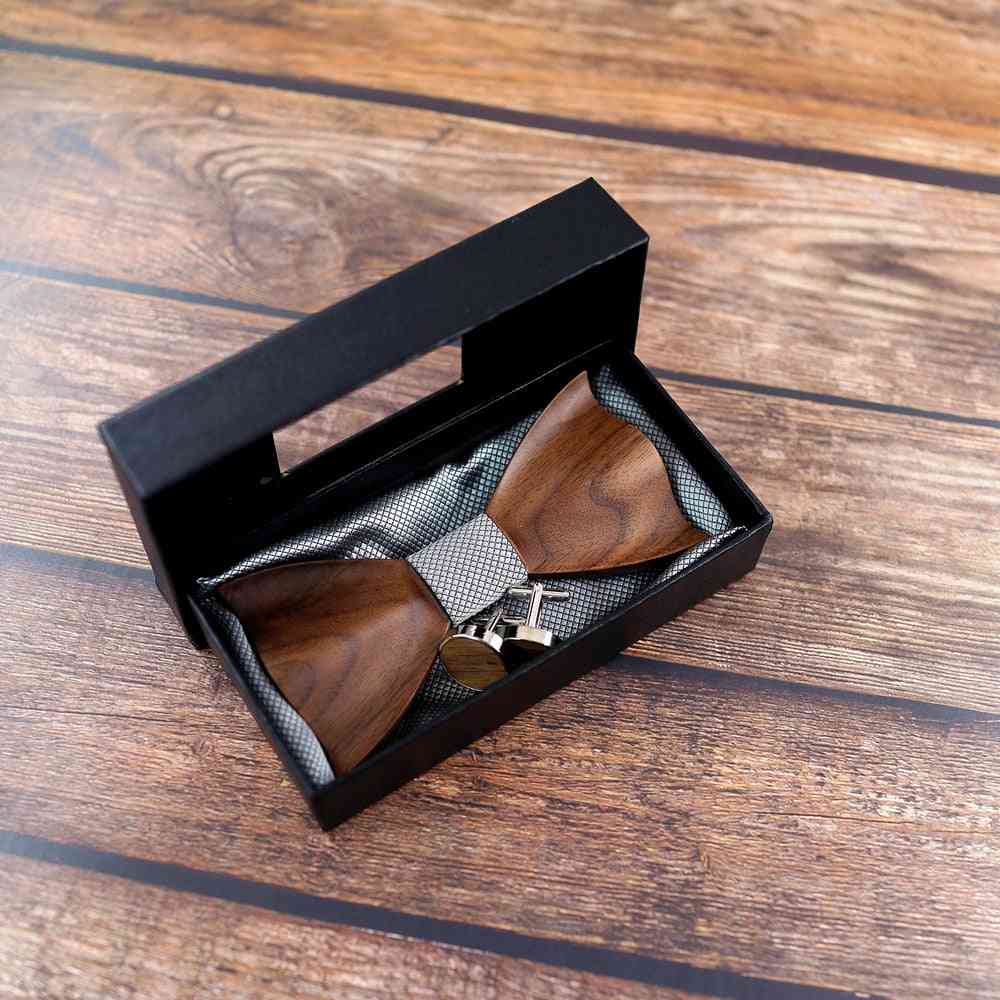 3d Wooden Pocket Square Cufflinks Fashion Wood Bow Tie Wedding Set