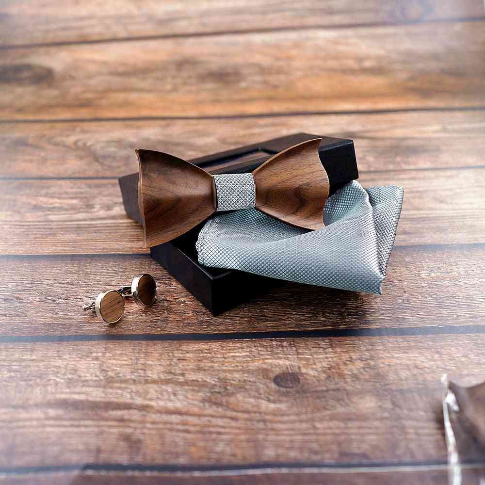 3d Wooden Pocket Square Cufflinks Fashion Wood Bow Tie Wedding Set