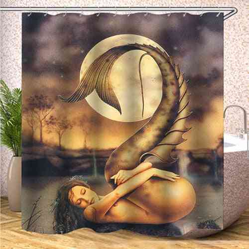 Waterproof Shower Curtain With Hooks For Bathroom, Mermaid Print