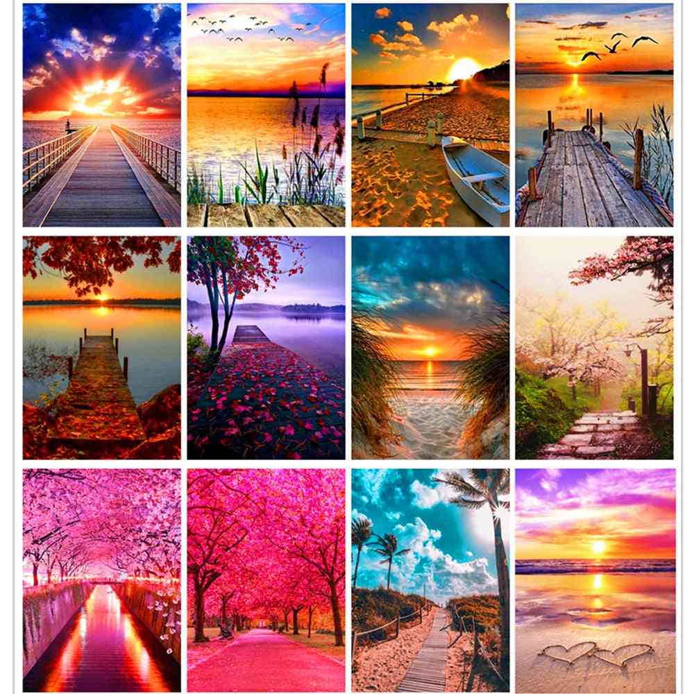 5d- Diamond Painting, Sunset Love, Beach Round Full Kit For Home Decoration Crafts