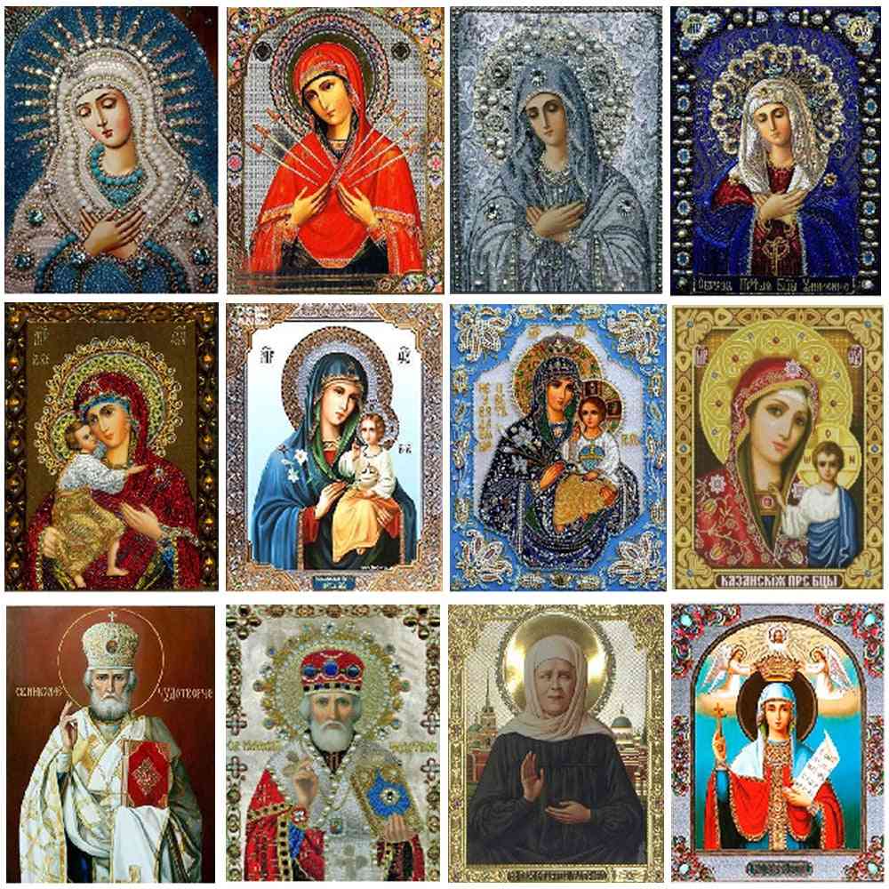 Karakter religiøs rund diamantmaleri mor og barn klistremerke, diy broderi dekorasjon mosaikk