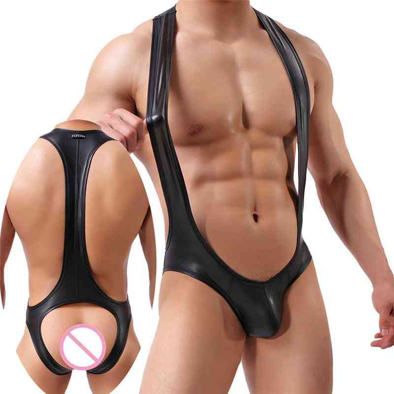 Pu Leather- Bodysuit Jockstrap, Underwear Wrestling Singlet, Leotard Suspender