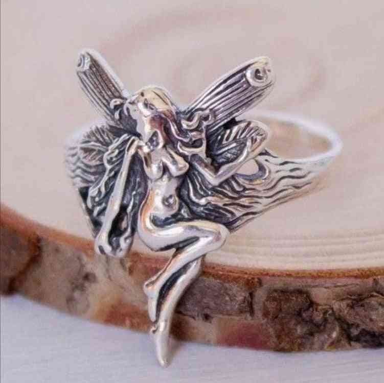 Szüreti- ezüstözött, gótikus steampunk, angyalszárnyas gyűrű