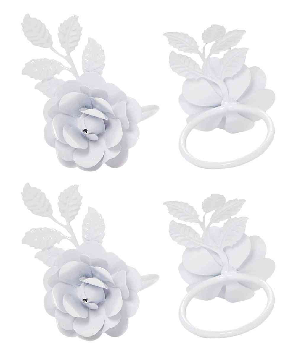 White Rose Set Of 4 Napkin Rings - Home Decor
