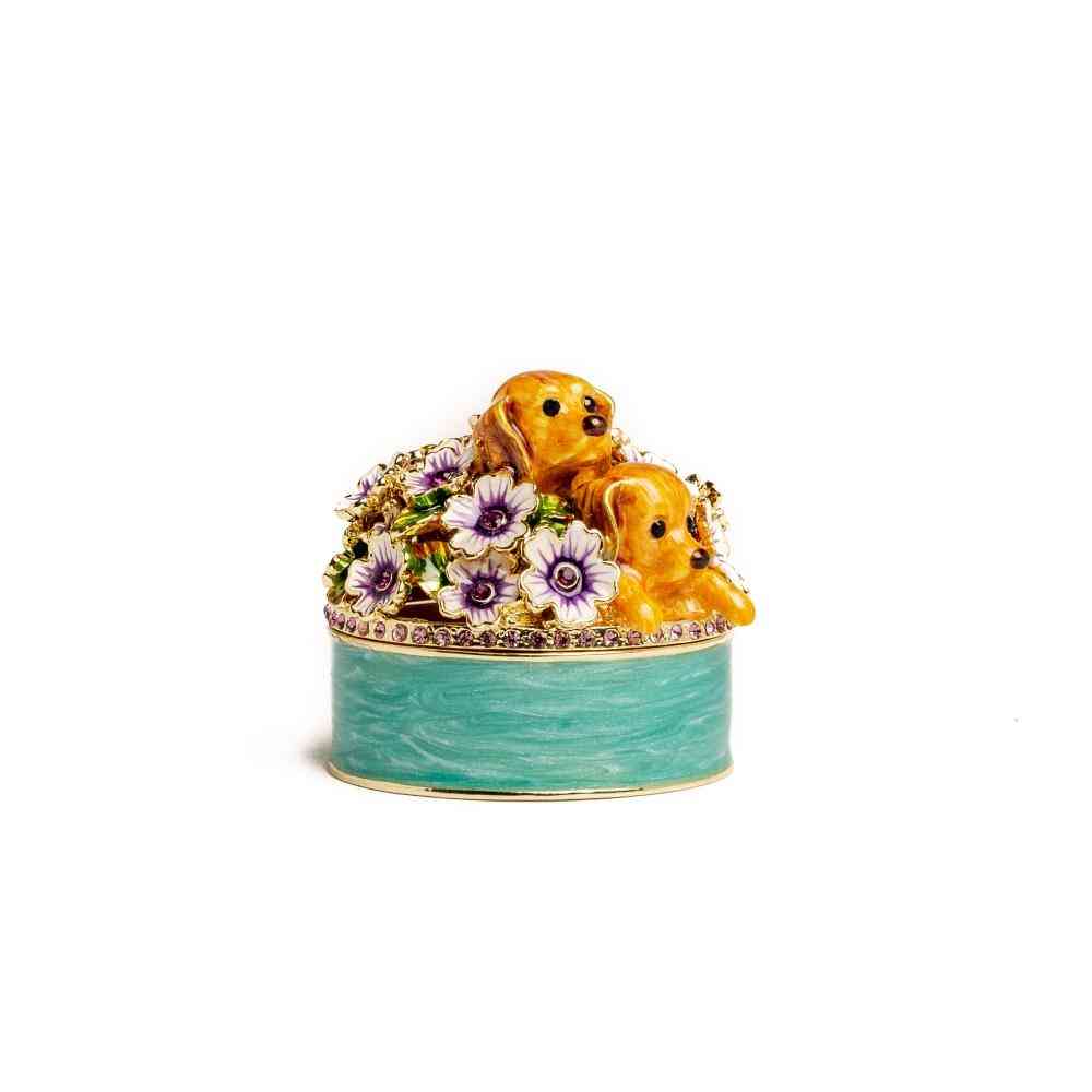 Cute Puppies And Flowers Trinket Box