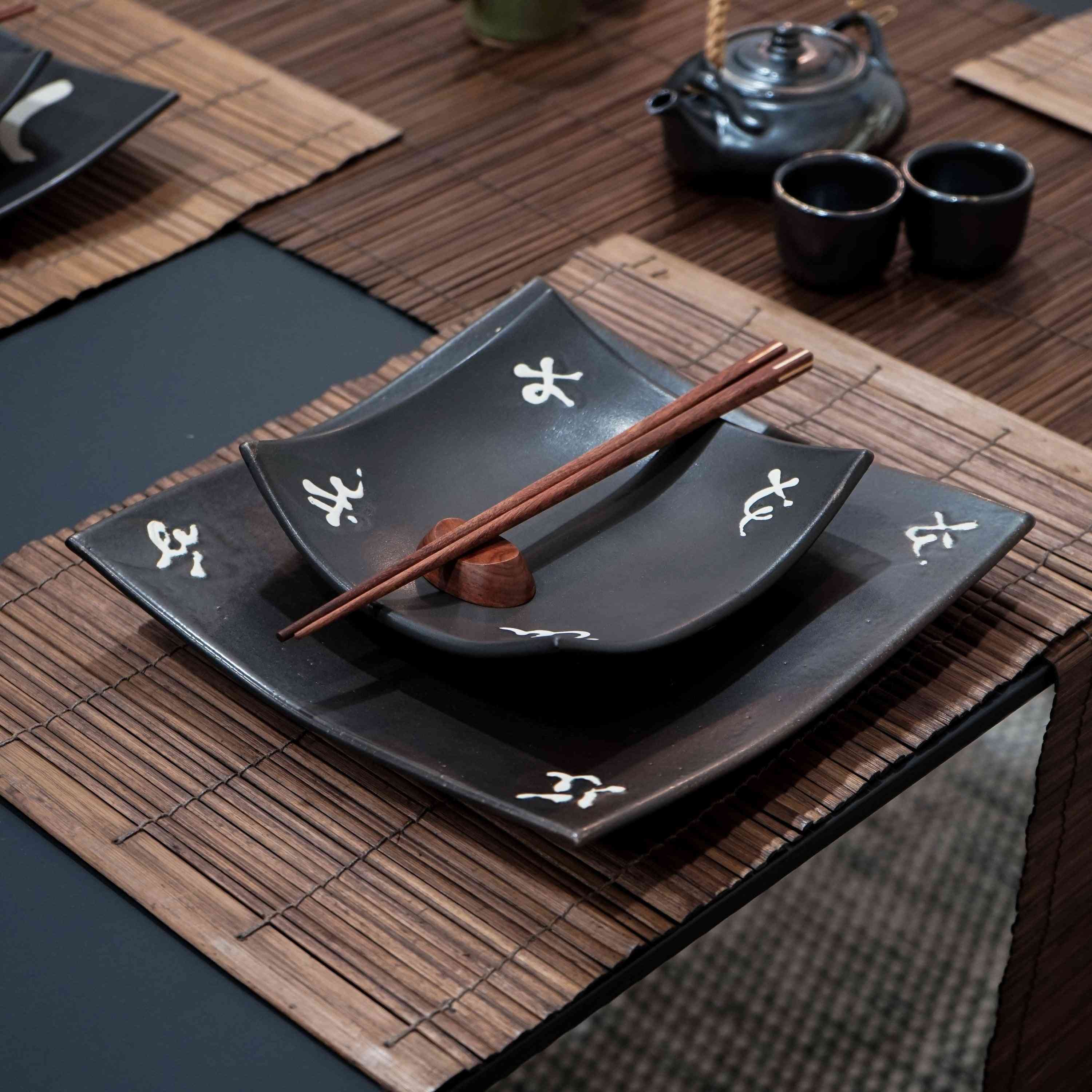 Dinner Set Including Square Plate, Chopsticks And Wood Rest