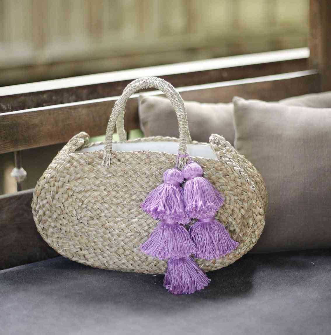 Oval Shaped, Woven Beach Straw Tote Bag With Lavender Tassels