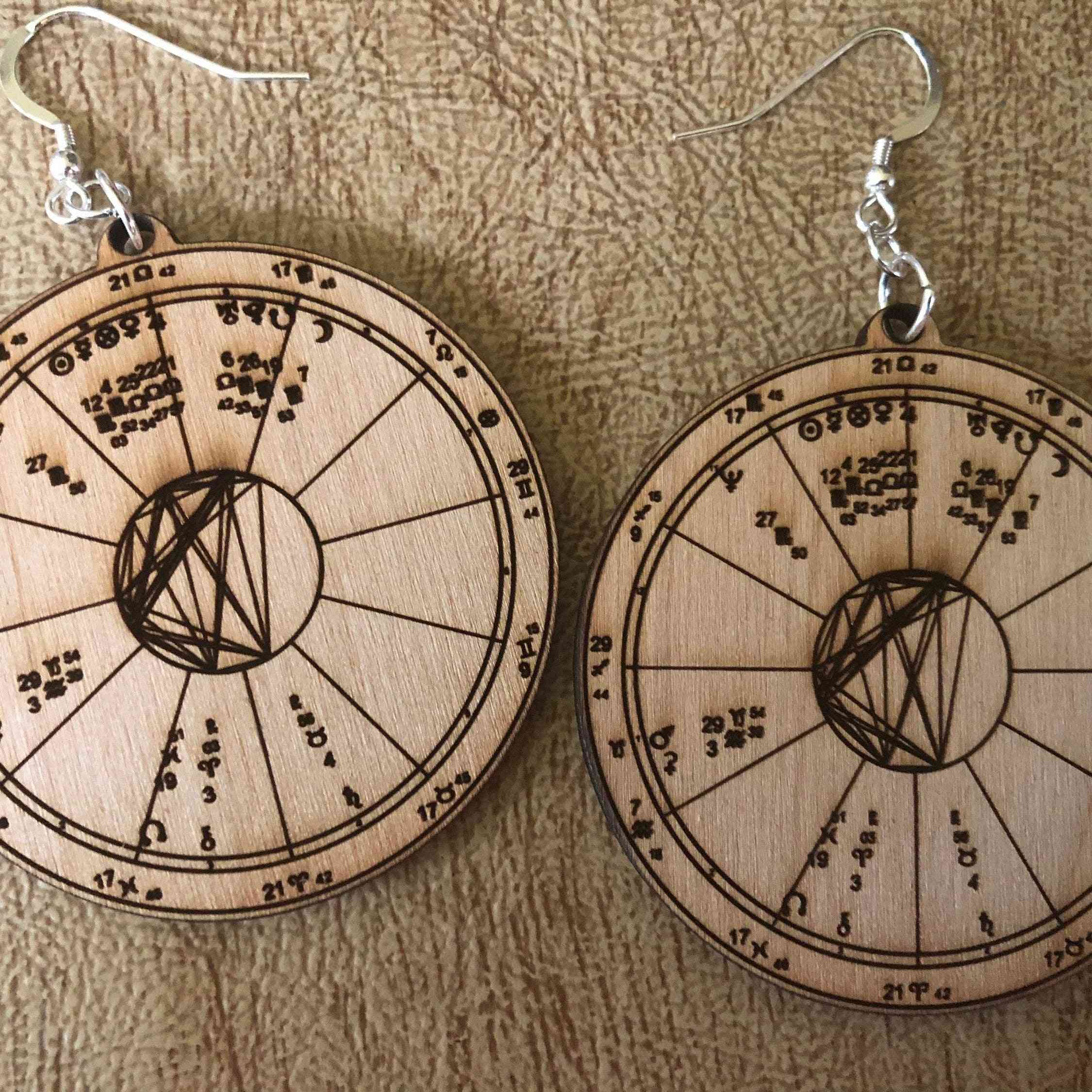 Wood Engraved, Astrology Chart - Earrings
