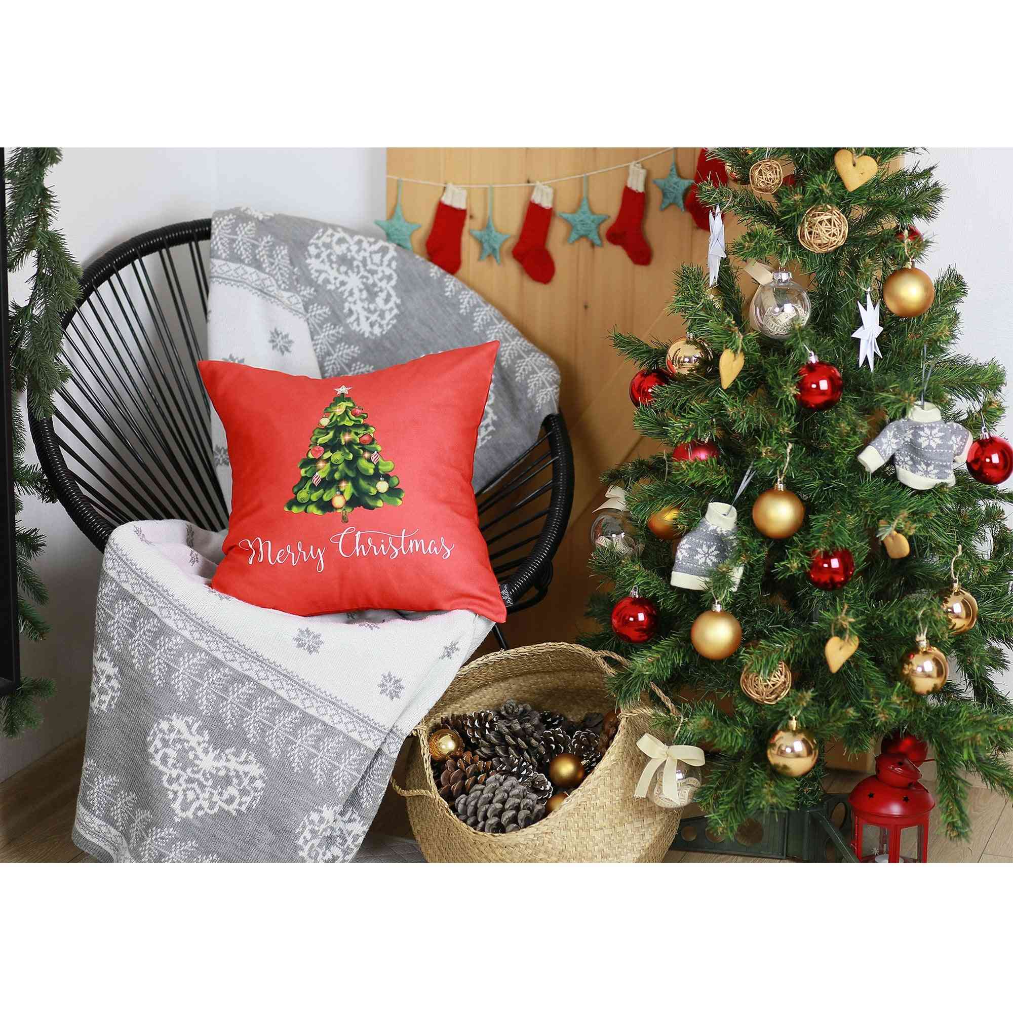 כיסוי כרית לזרוק דקורטיבי של עץ חג המולד שמח מודפס