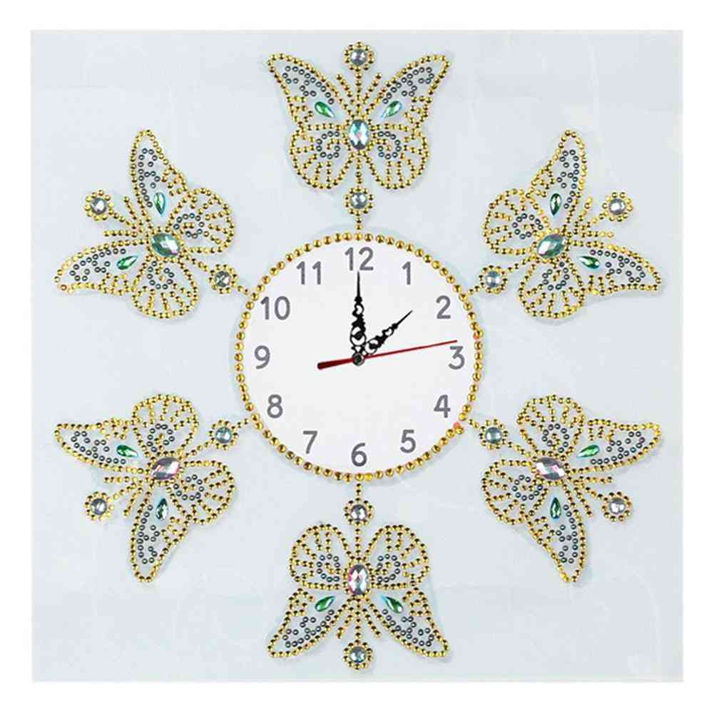Diamante pintura cruzada relógio, bordado de padrão de flor de borboleta